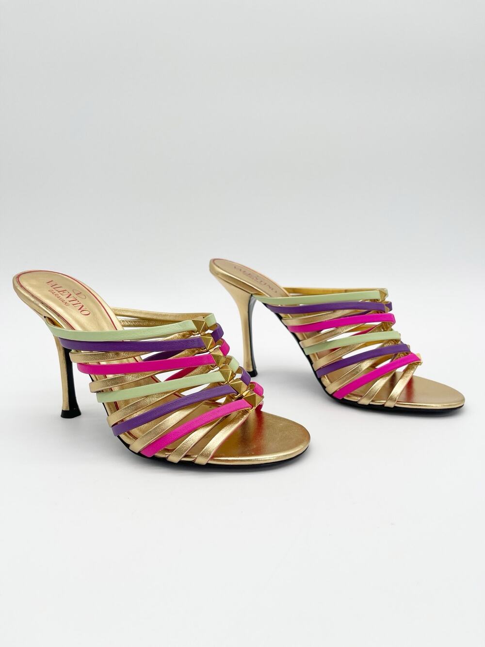 Valentino Garavani Gold Multicolor Leather Strappy Rockstud Mule Sandals IT 36.5